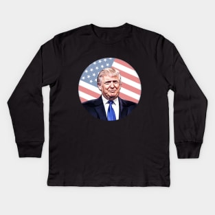 Trump Illustration on American Flag Kids Long Sleeve T-Shirt